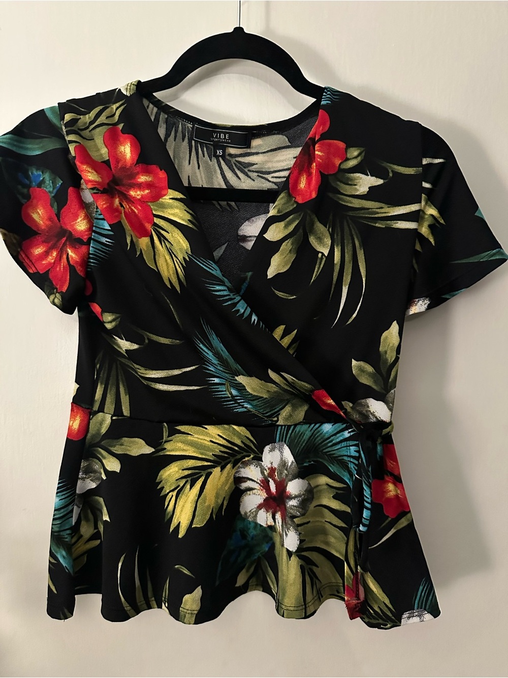 Vibe Black Floral Wrap Peplum Top - Red & Green